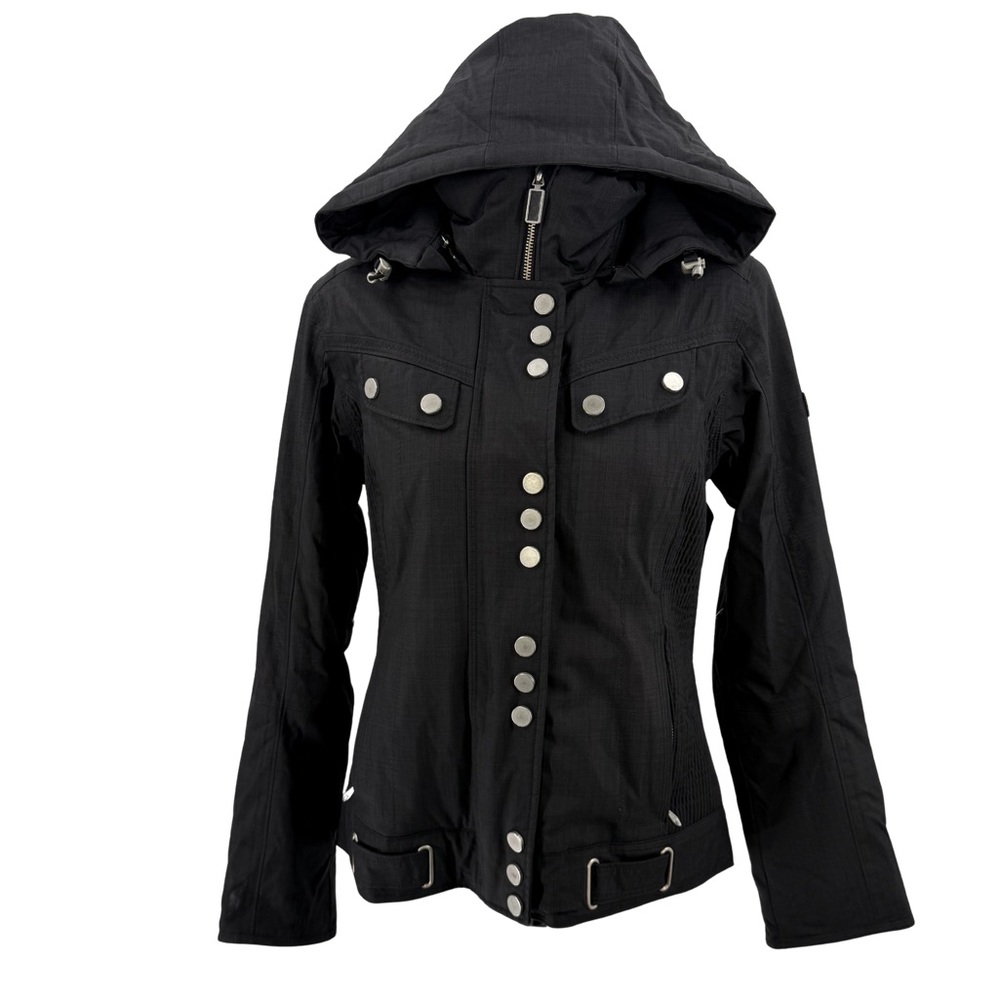 Obermeyer Black Hooded Shell Jacket Quilted Sides Animal-Print Liner Ski Snow